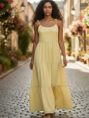 Mille Resort Maui Lemonade Yellow Tierd Linen Maxi Dress XXS Sundress Oversized